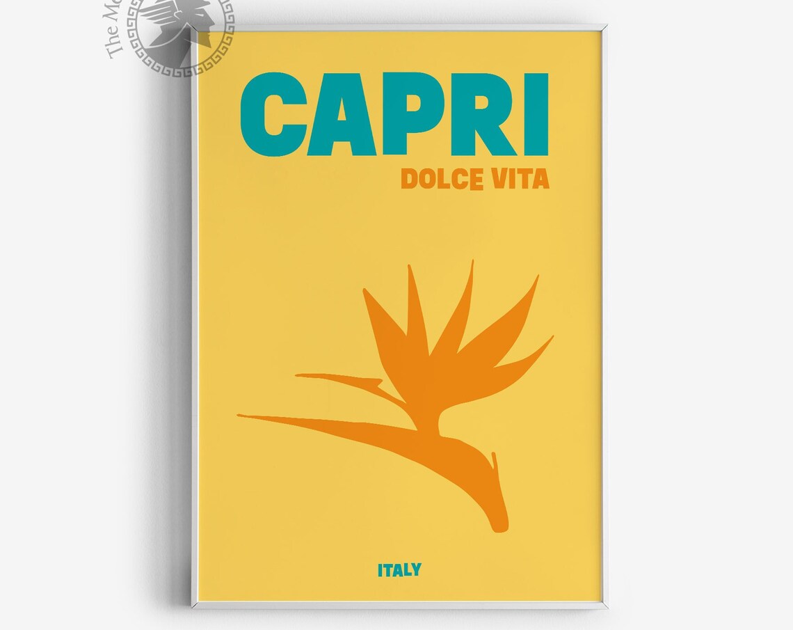 Capri Italy Dolce Vita Bird Of Paradise Modern Yellow Travel Poster