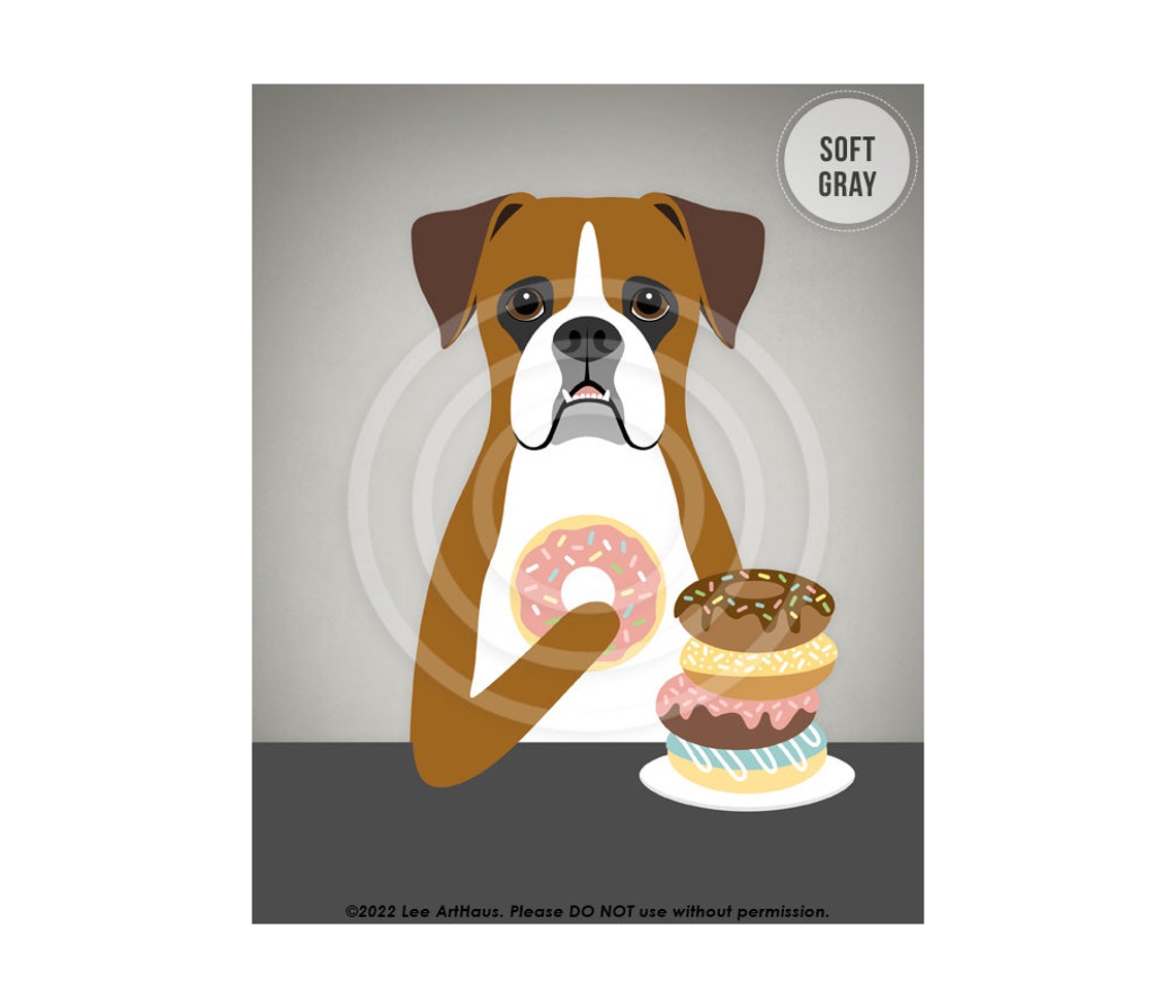 Brown Boxer Dog Eating Donuts Stack Fun Kitchen Decor Wall Art Poster - Image 3