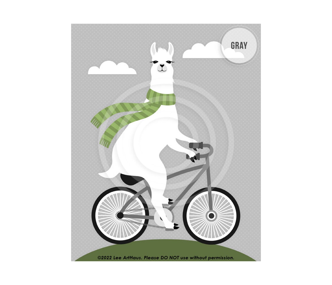 White Llama Riding Bicycle With Green Scarf Funny Animal Art Poster - Image 3