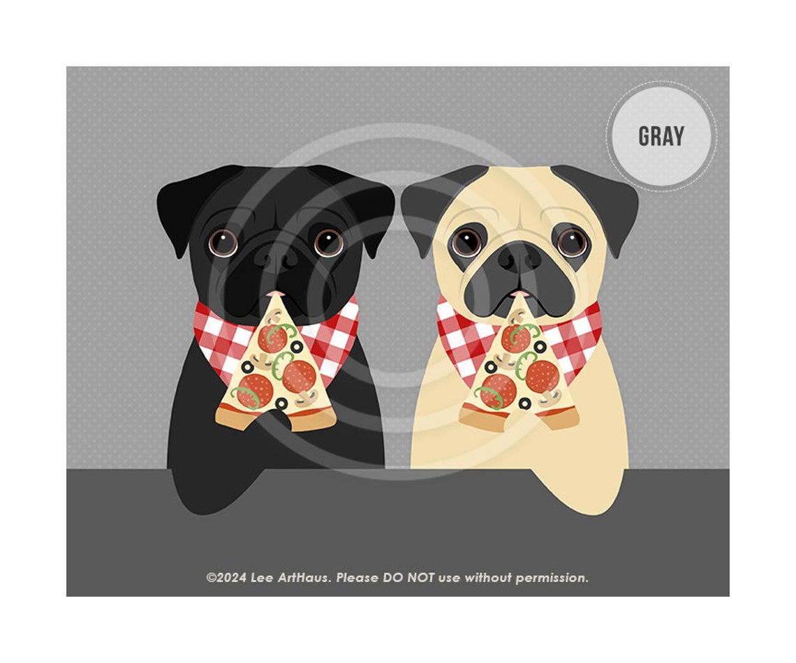 Two Pugs Eating Pizza With Checkered Bibs Cute Funny Dog Art Poster - Image 8