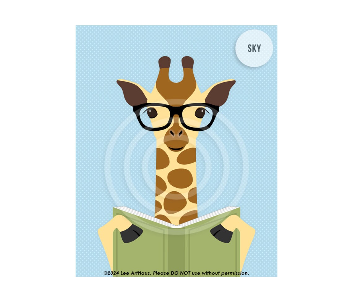 Cute Giraffe Reading Book With Glasses Green Safari Animal Nursery Poster - Image 3