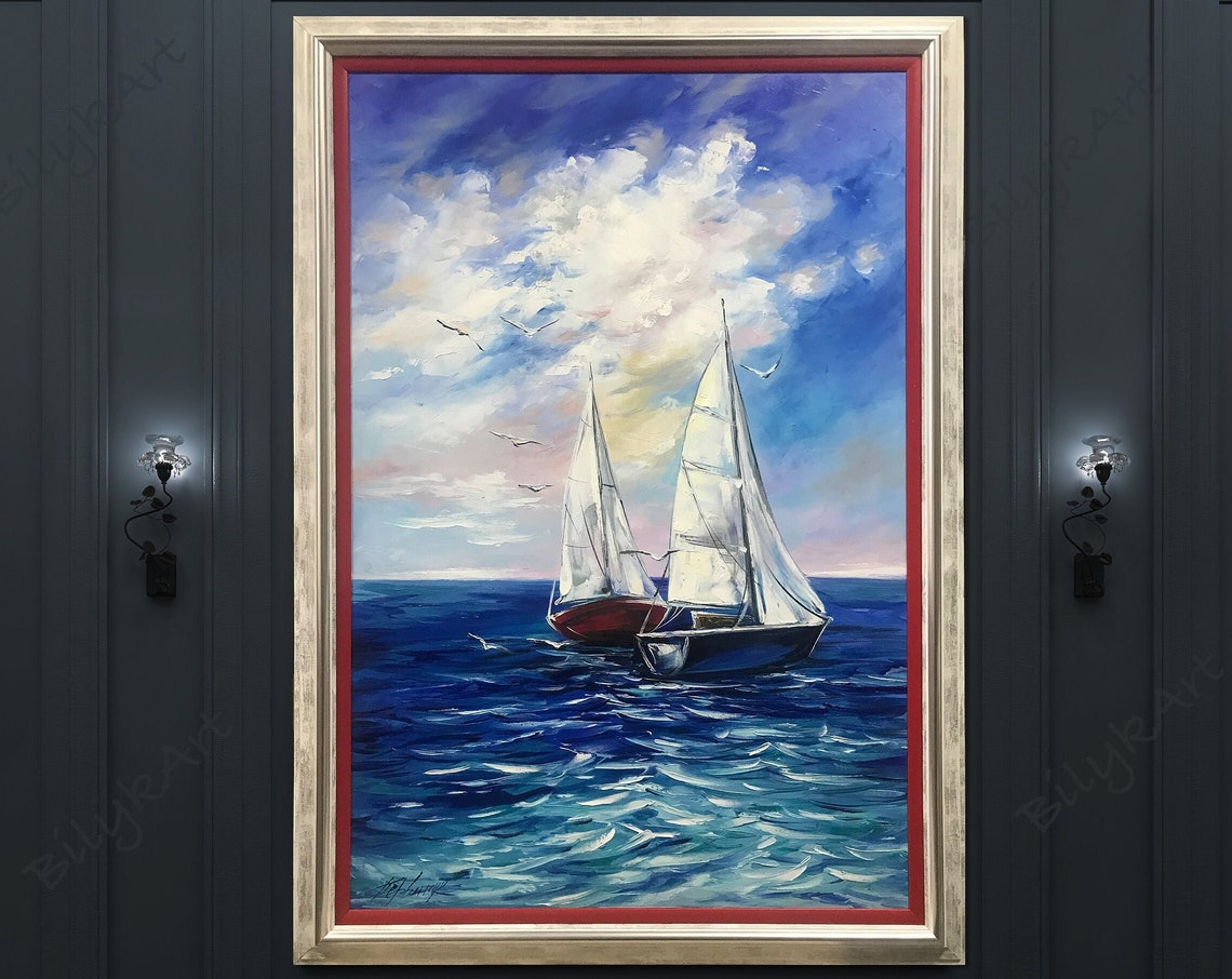 Large Sailboat At Sea Oil Painting On Blue Ocean Wave Wall Art Sailboat Paintings Boat Artwork Large Boat Seascape Oil Painting - Image 3