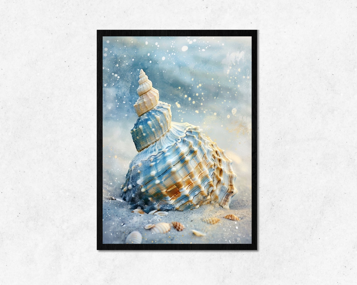 Blue Spiral Seashell On Sand Beach Ocean Photography Art Poster