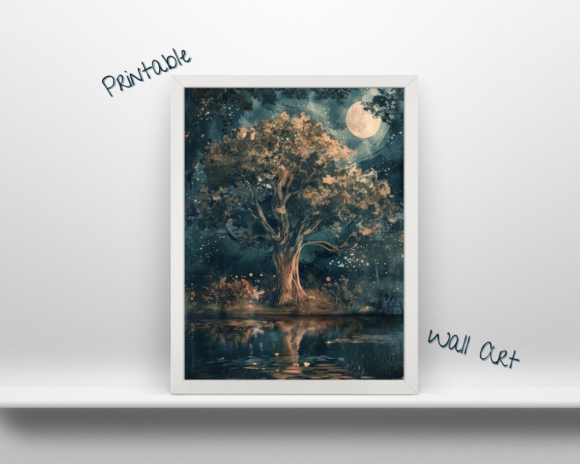 Large Tree Under The Moon Calm Night With Lake Home Decor Poster