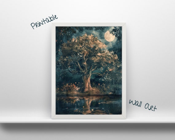 Large Tree Under The Moon Wall Art L Calm Night With Lake Home Decoration Nature Background Room Decor Use