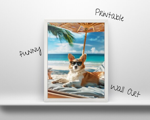 Hot Summer Beach Funny Dog Wall Art L Fun Animal Room Decoration Instant Ocean Design Home Decor Frame Use