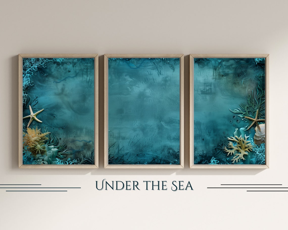Calm Blue Tone Under The Sea Three Piece Underwater Ocean Poster Set