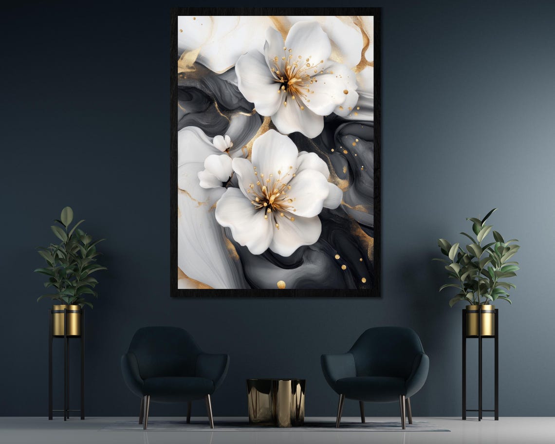 Elegant White Flowers On Grey Background Luxury Floral Poster