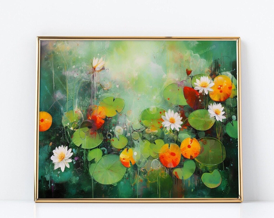 Water Lily Pond Abstract Green Floral Watercolor Nature Poster