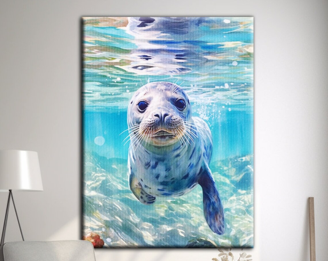 Seal Swimming Watercolor Art Print, Wildlife Decor