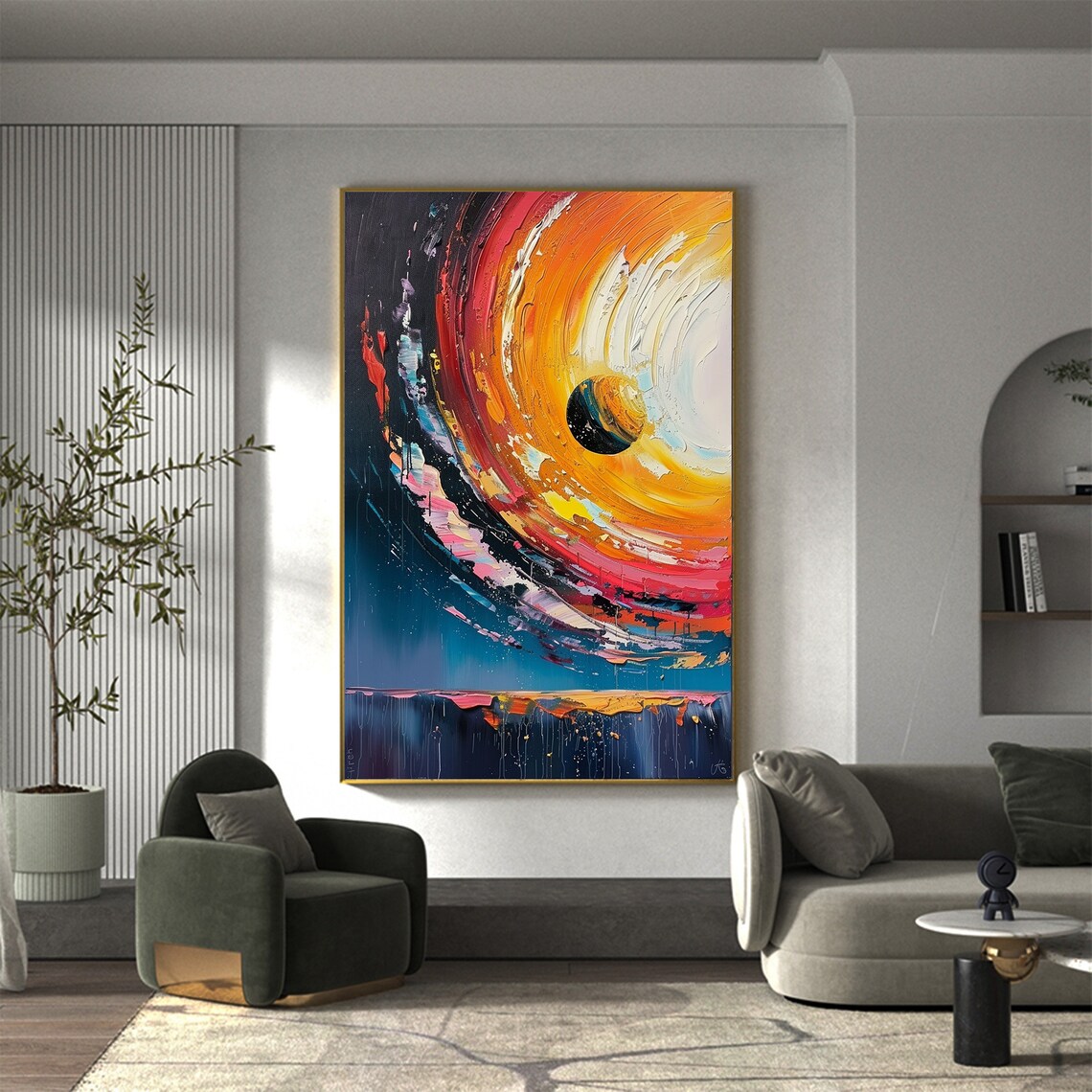 Colorful Swirling Cosmic Sunset Vertical Oil Painting Art Print - Image 4