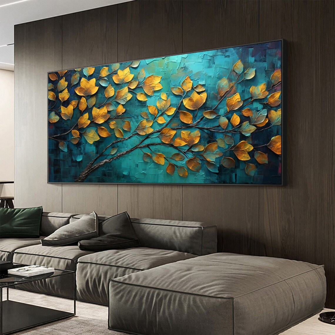 Golden Autumn Leaves Spreading Over Textured Teal Canvas Poster - Image 5