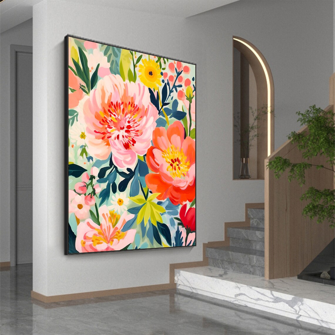 Colorful Abstract Pink Peony Flowers Modern Oil Painting Poster - Image 4