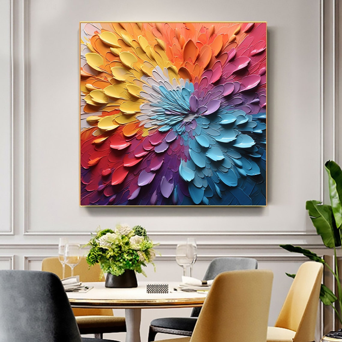 Rainbow Petal Burst 3D Palette Knife Textured Flower Abstract Poster - Image 5