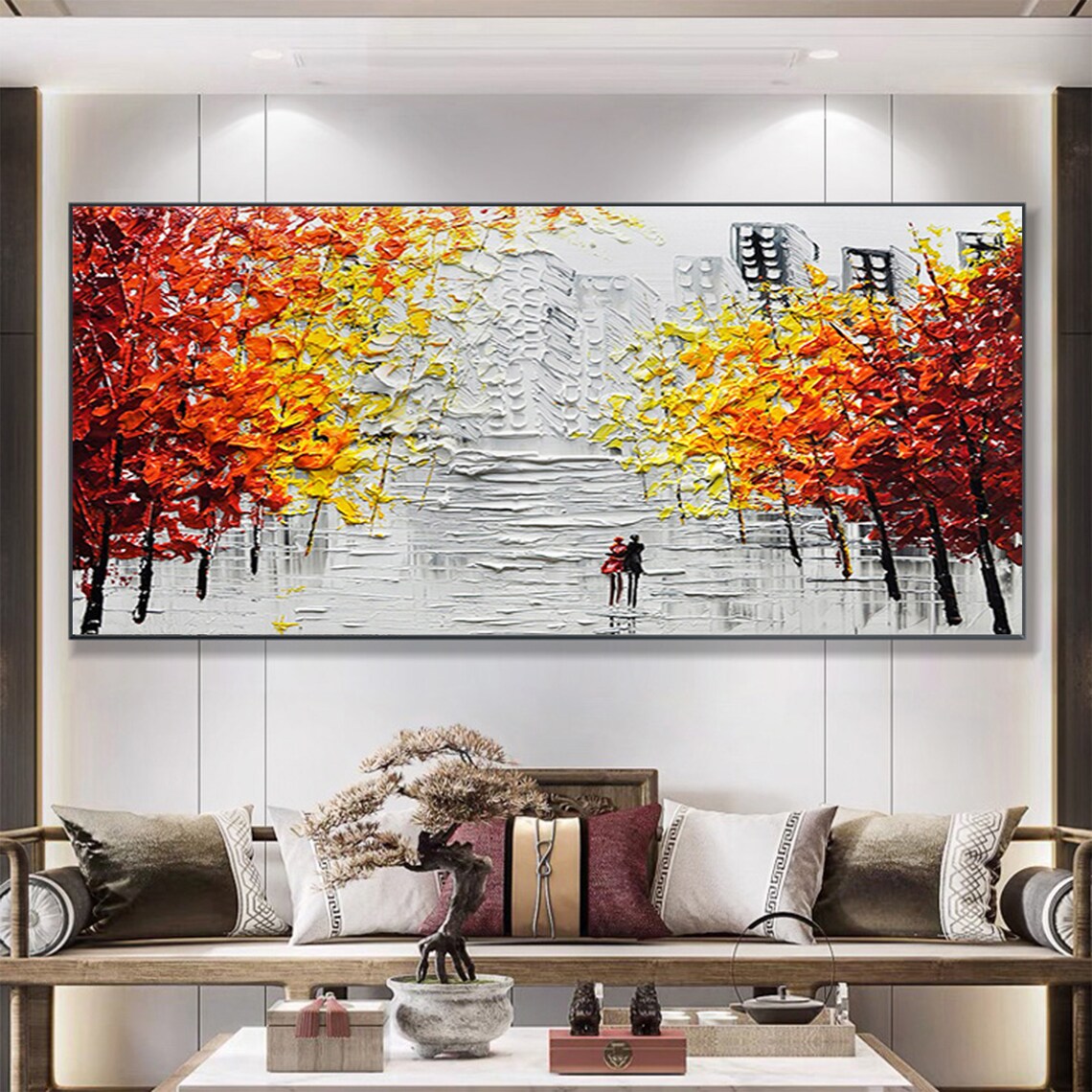 Romantic Couple Autumn City Stroll Panoramic Oil Painting Art Print - Image 6