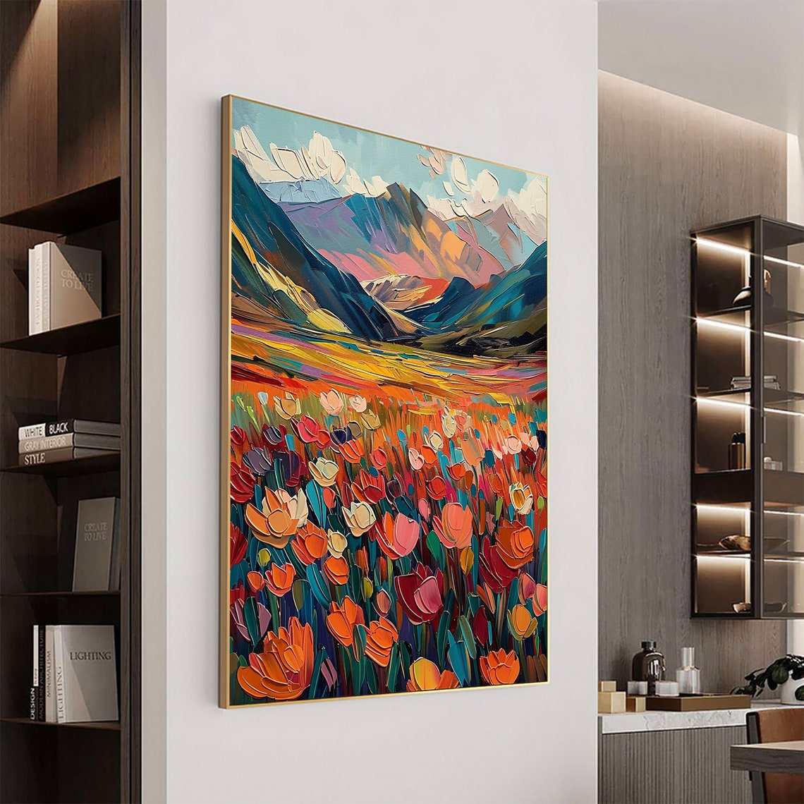 Colorful Tulip Meadow Blooming Before Majestic Mountain Peaks Poster - Image 6