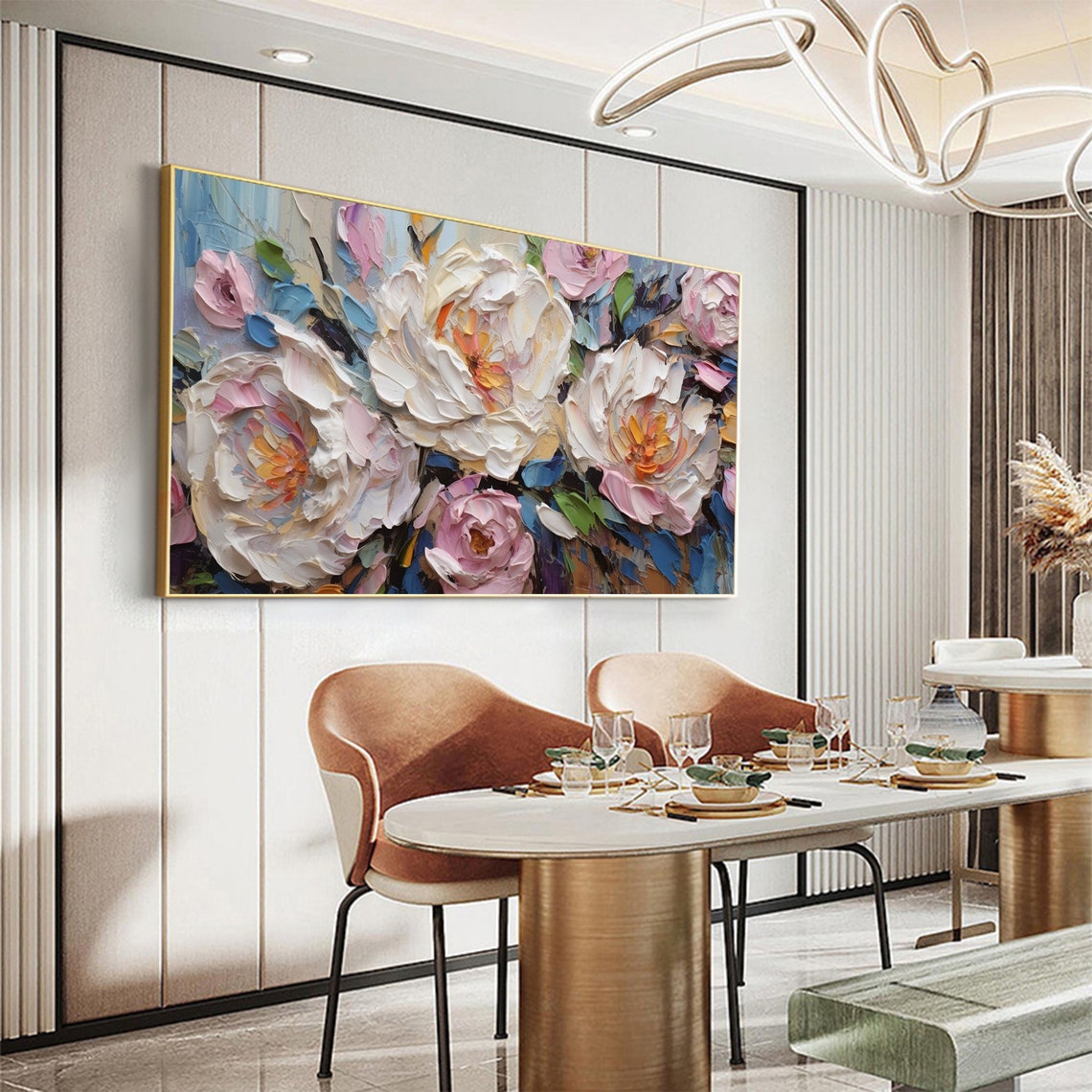 White Pink Impasto Peony Blooms Palette Knife Textured Floral Poster - Image 4