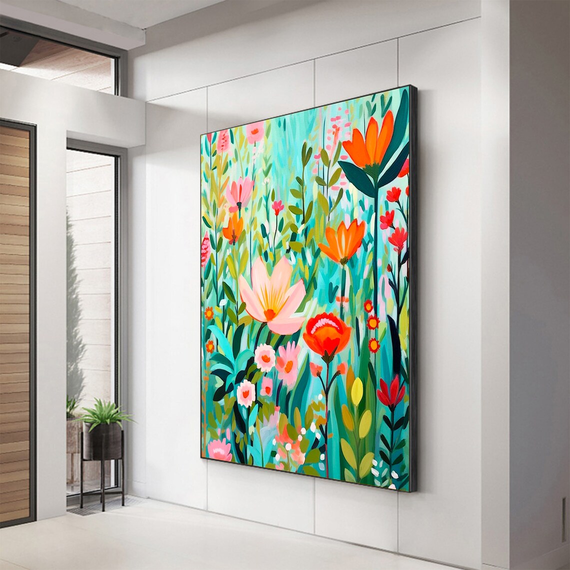 Colorful Wildflower Meadow on Teal Abstract Oil Painting Art Print - Image 3