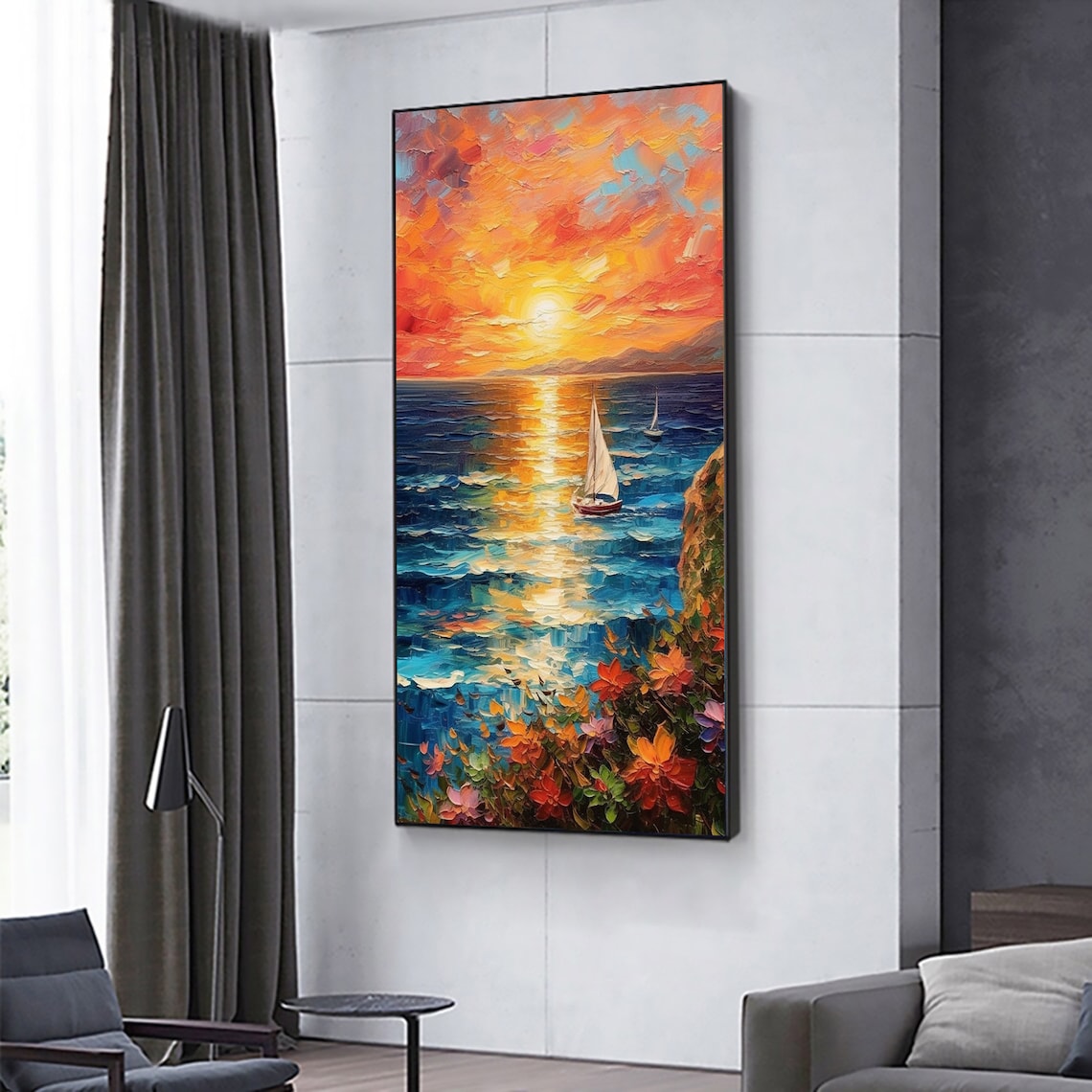 Sunset Sailboats Over Ocean Cliffs Vertical Oil Painting Art Print - Image 2