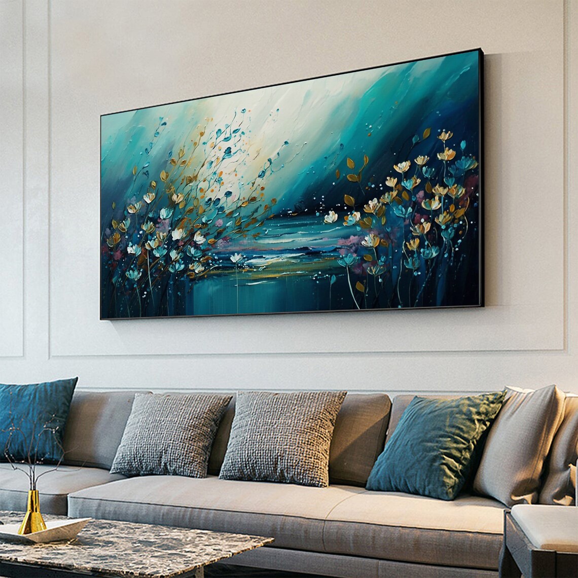 Teal Floral Seascape Gold Accent Abstract Flower Oil Painting Poster - Image 3