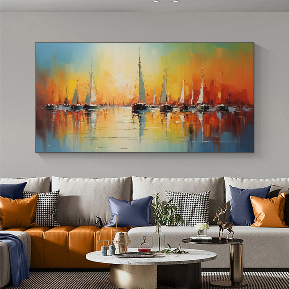 Sailboats at Sunset on Orange Sky Water Reflection Oil Poster - Image 5