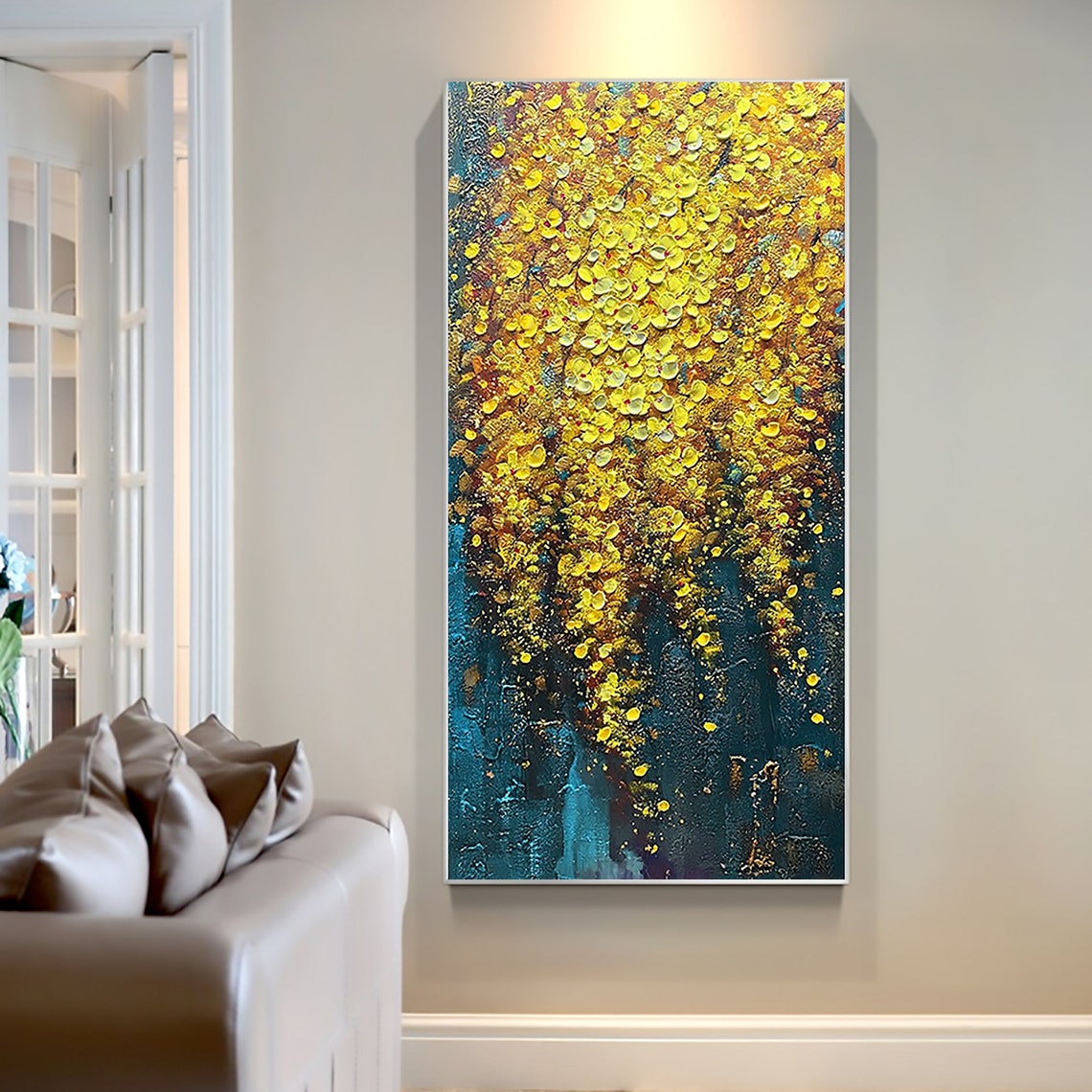 Cascading Golden Wisteria Blossoms Against Deep Teal Canvas Poster - Image 3