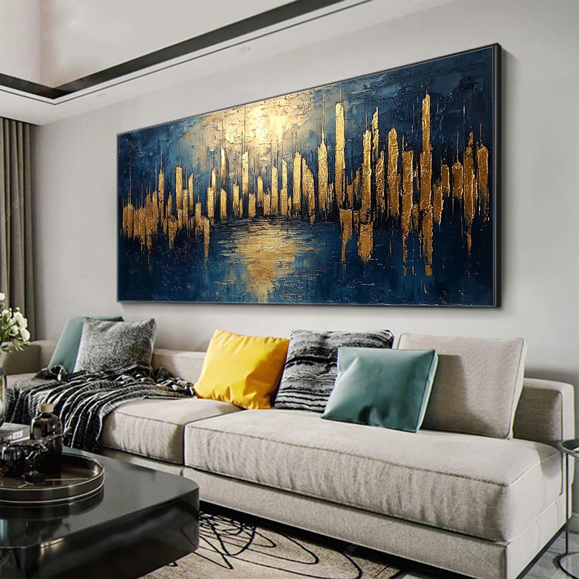 Large Abstract Golden City Building Painting On Original City Skyline Painting Modern Urban Landscape Wall Art Living Room Decor - Image 3