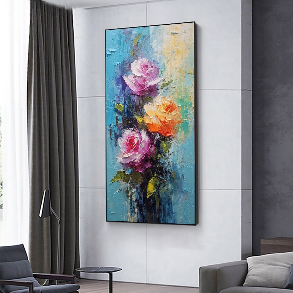 Abstract Pink Orange Roses on Blue Textured Oil Painting Poster - Image 3