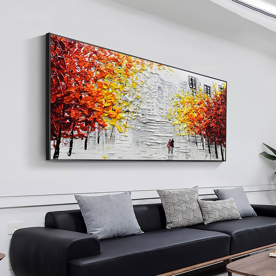Romantic Couple Autumn City Stroll Panoramic Oil Painting Art Print - Image 4