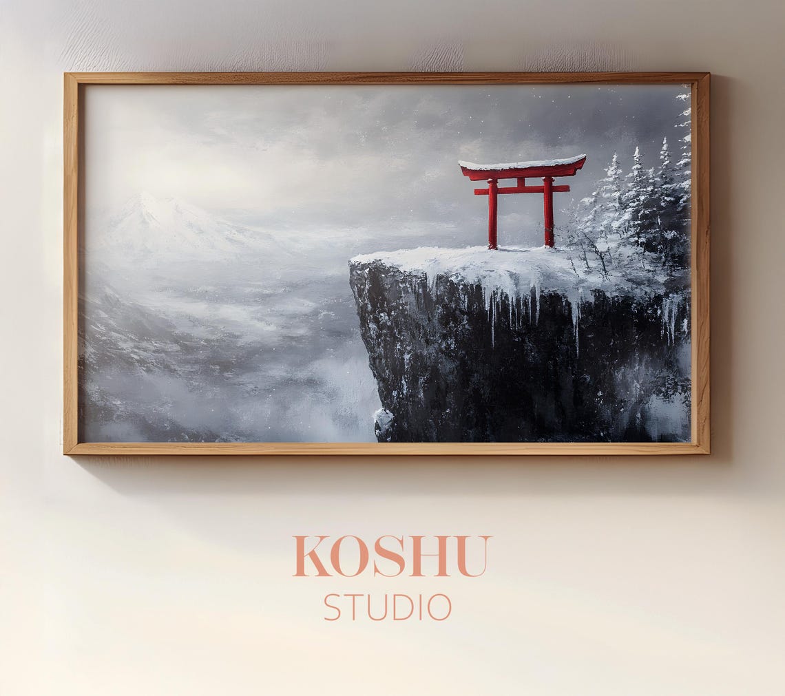Red Torii Gate on a Snowy Cliff Japanese Winter Landscape Poster
