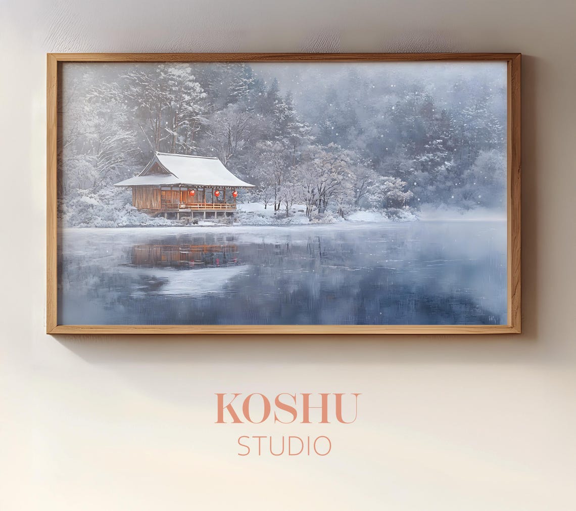 Lakeside Wooden Hut in Falling Snow Japanese Winter Art Poster