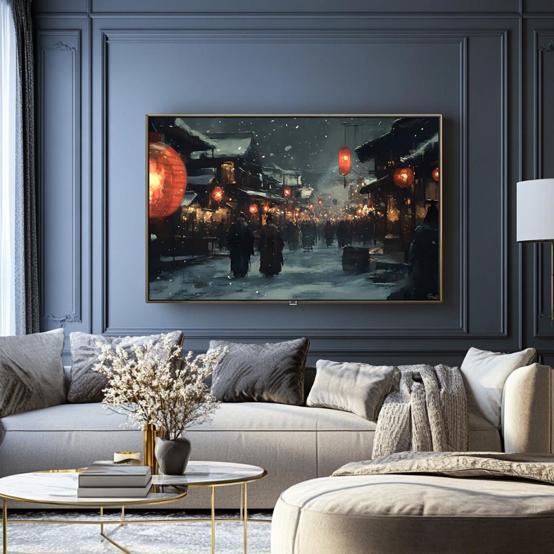 Night Market Street in Falling Snow with Red Lanterns Art Poster - Image 2
