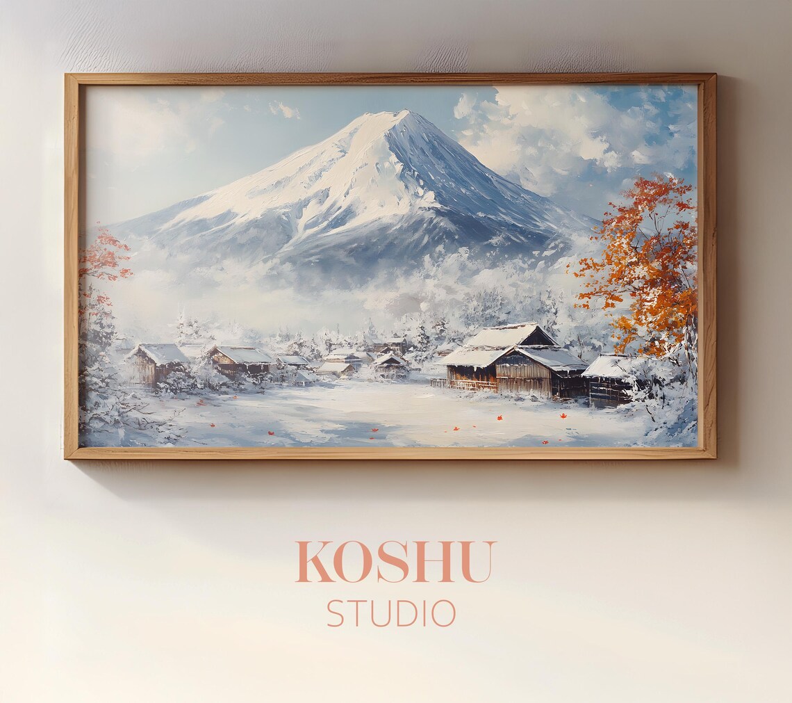 Snow Capped Mount Fuji Over a Winter Village Japanese Peak Poster