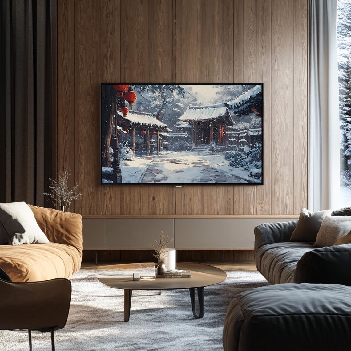 Snowy Temple Courtyard with Red Lanterns Japanese Winter Poster - Image 3