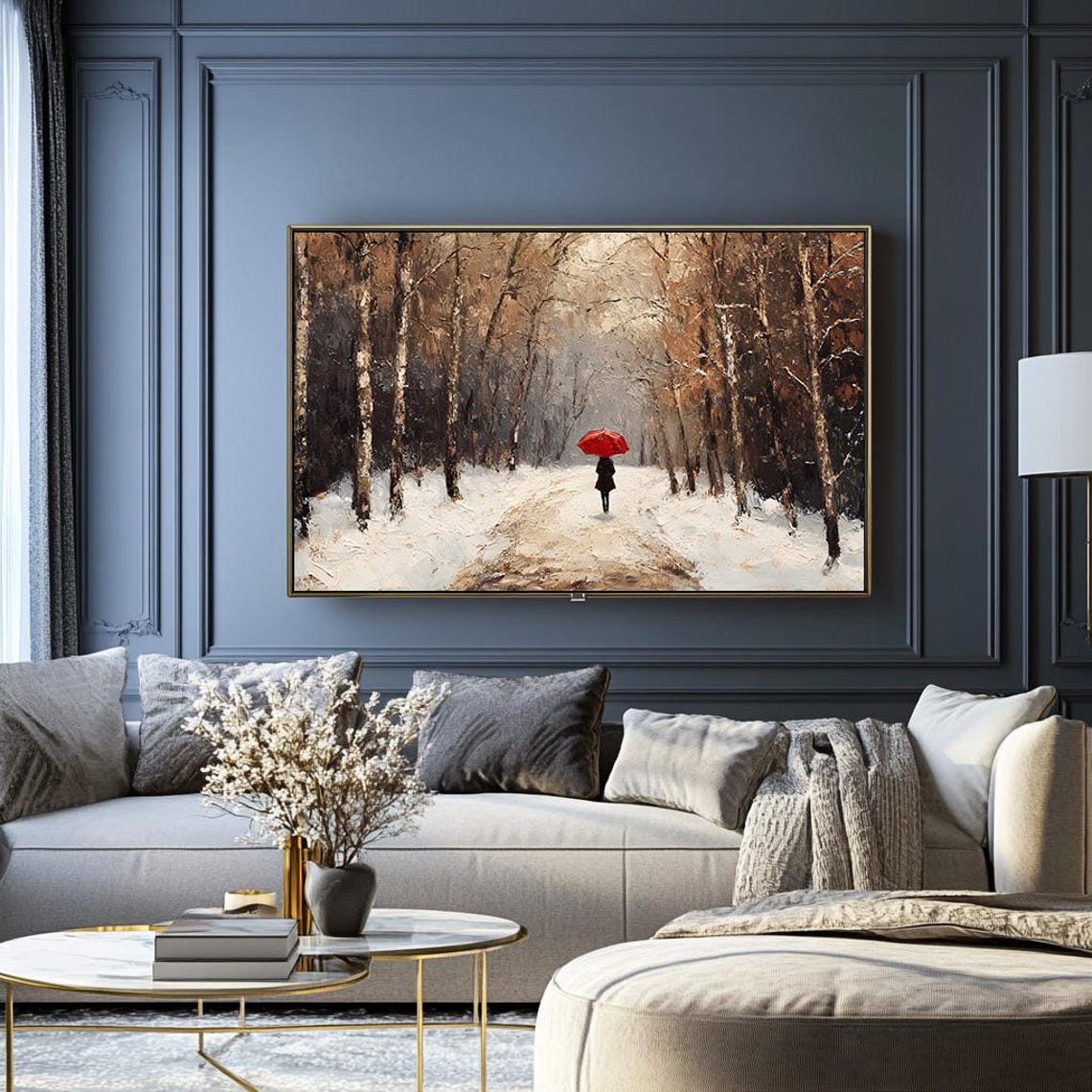 Woman with Red Umbrella Walking a Snowy Birch Forest Path Poster - Image 2