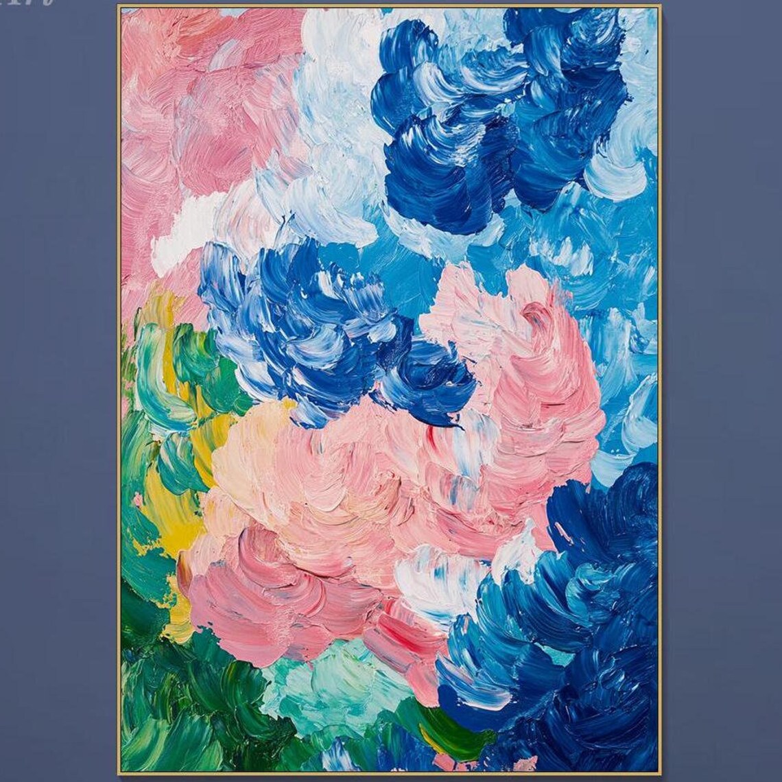 Abstract Pink Blue Peony Blooms Heavy Impasto Flower Art Poster