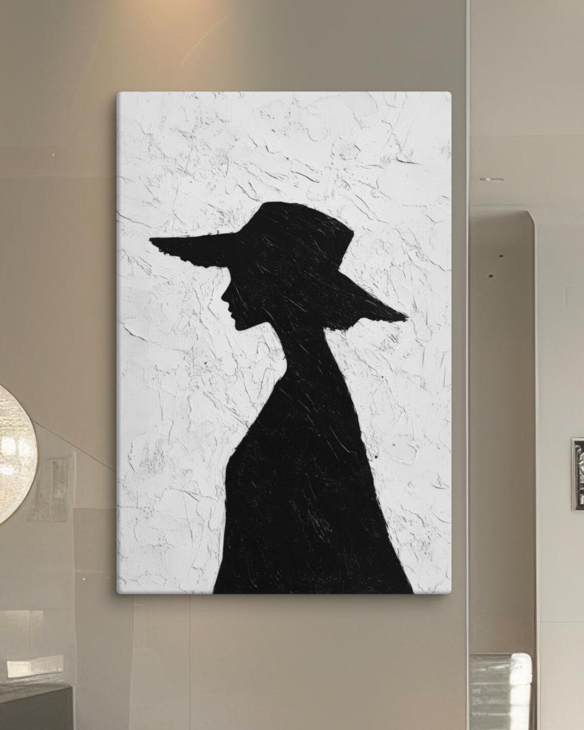 Black White Silhouette Woman Hat Minimalist Textured Modern Art Poster