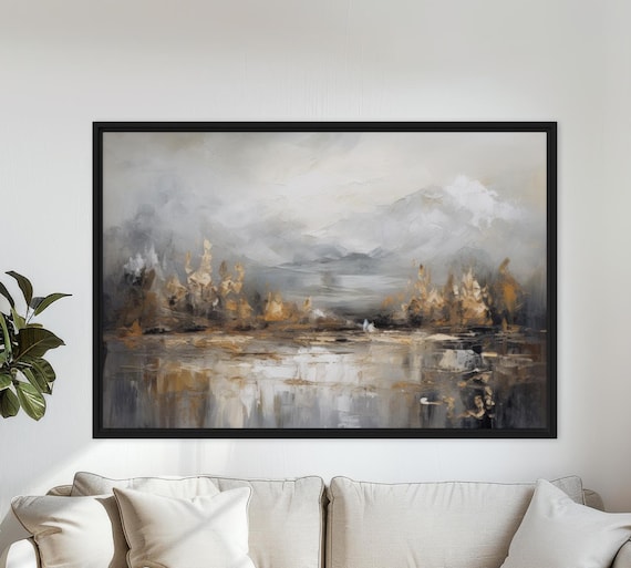 Framed Abstract Mountain Landscape Art Golden Neutral Wall Decor Nature Inspired Modern Painting For Living Room Or Office