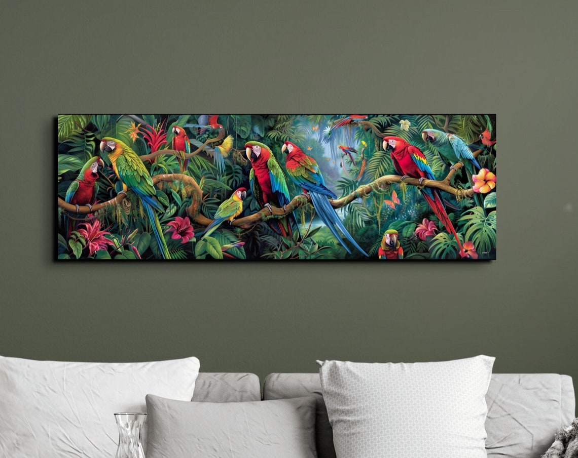 Panoramic Rainforest Scene With Parrots