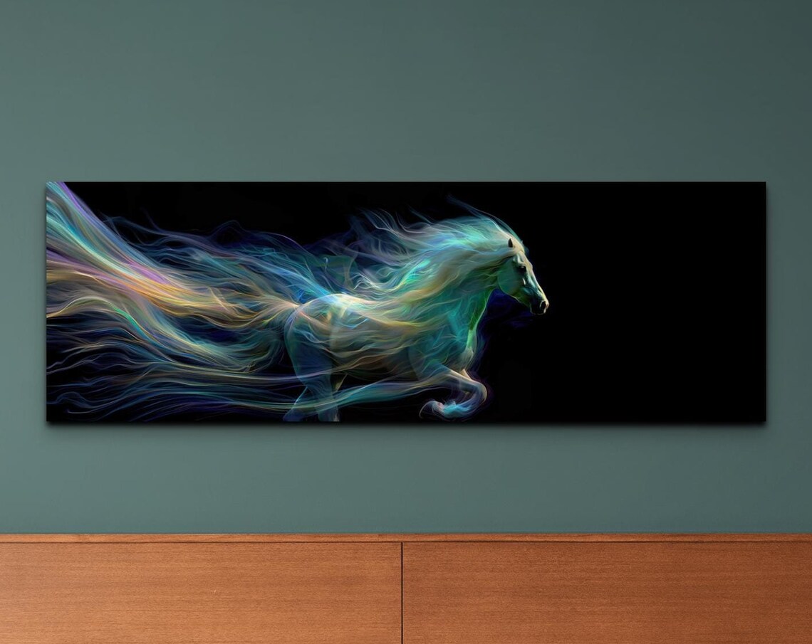 Neon Rainbow Mane Running Horse on Black Panoramic Art Poster
