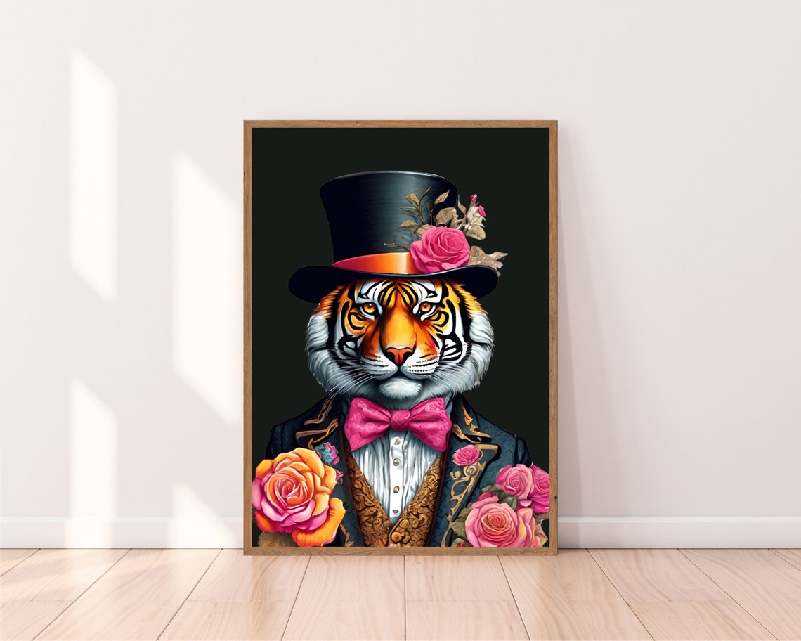 Dapper Tiger Fashion Art Top Hat Pink Bow Tie Rose Portrait Print - Image 2