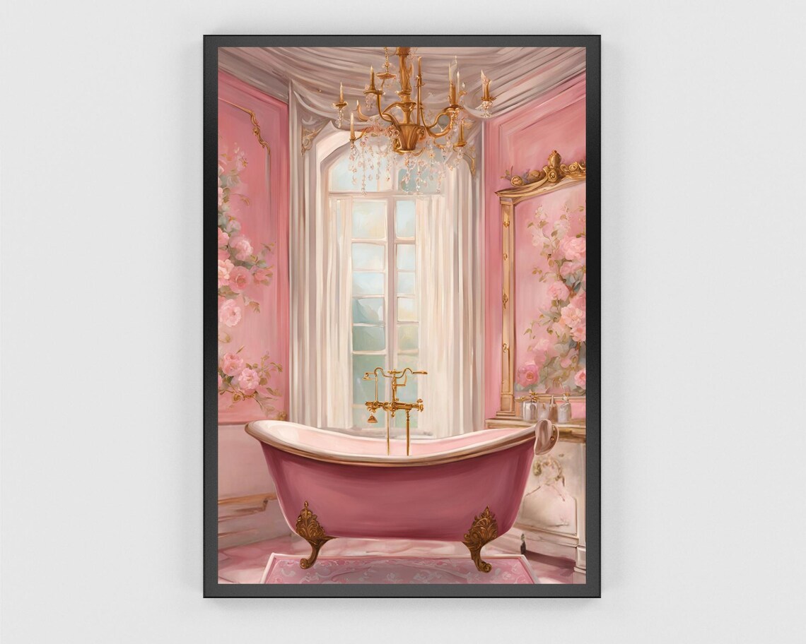 Pink Vintage Bathroom Clawfoot Tub Chandelier Floral Wall Poster - Image 3