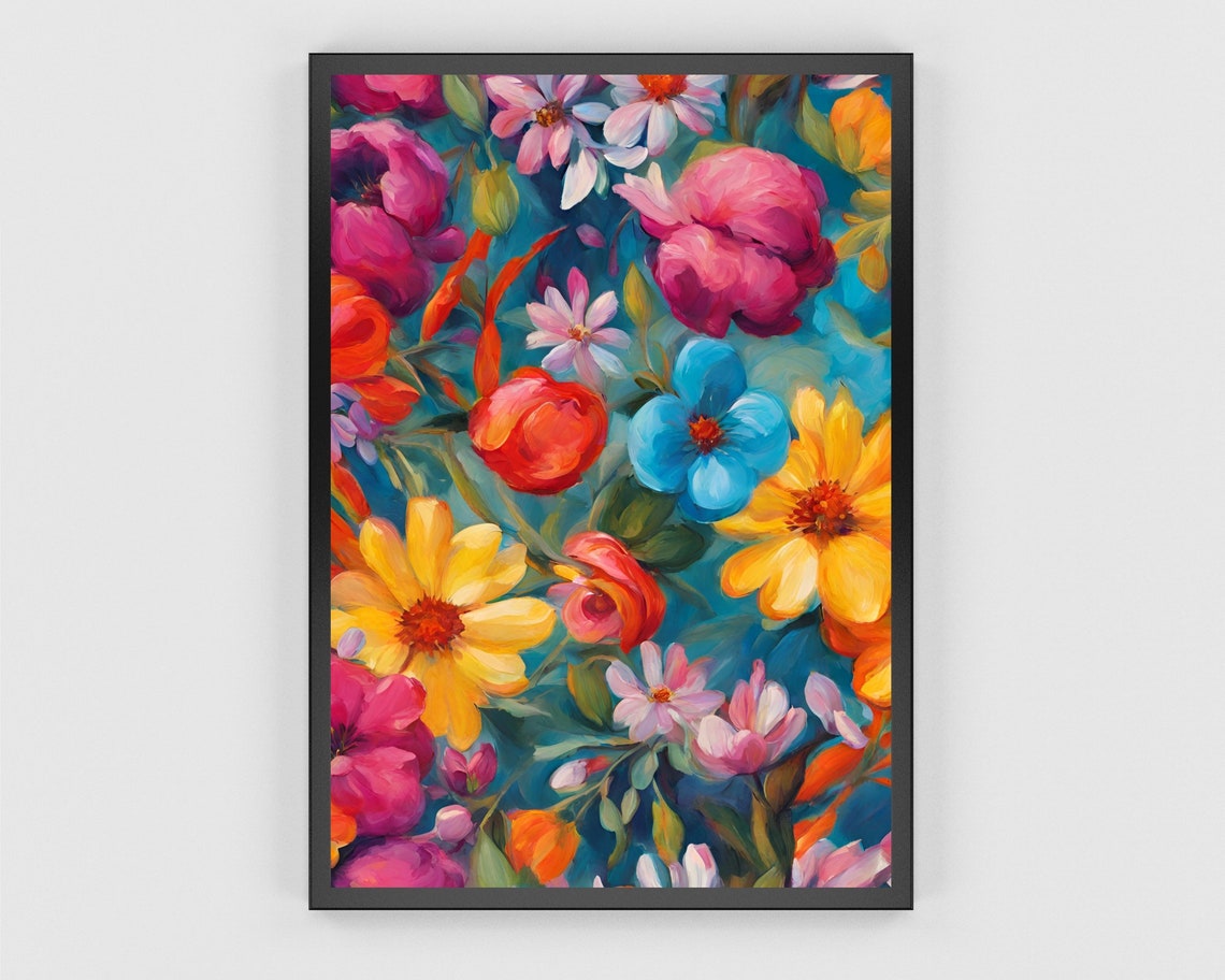Maximalist Floral Garden Art Bold Pink Blue Yellow Bloom Print - Image 3