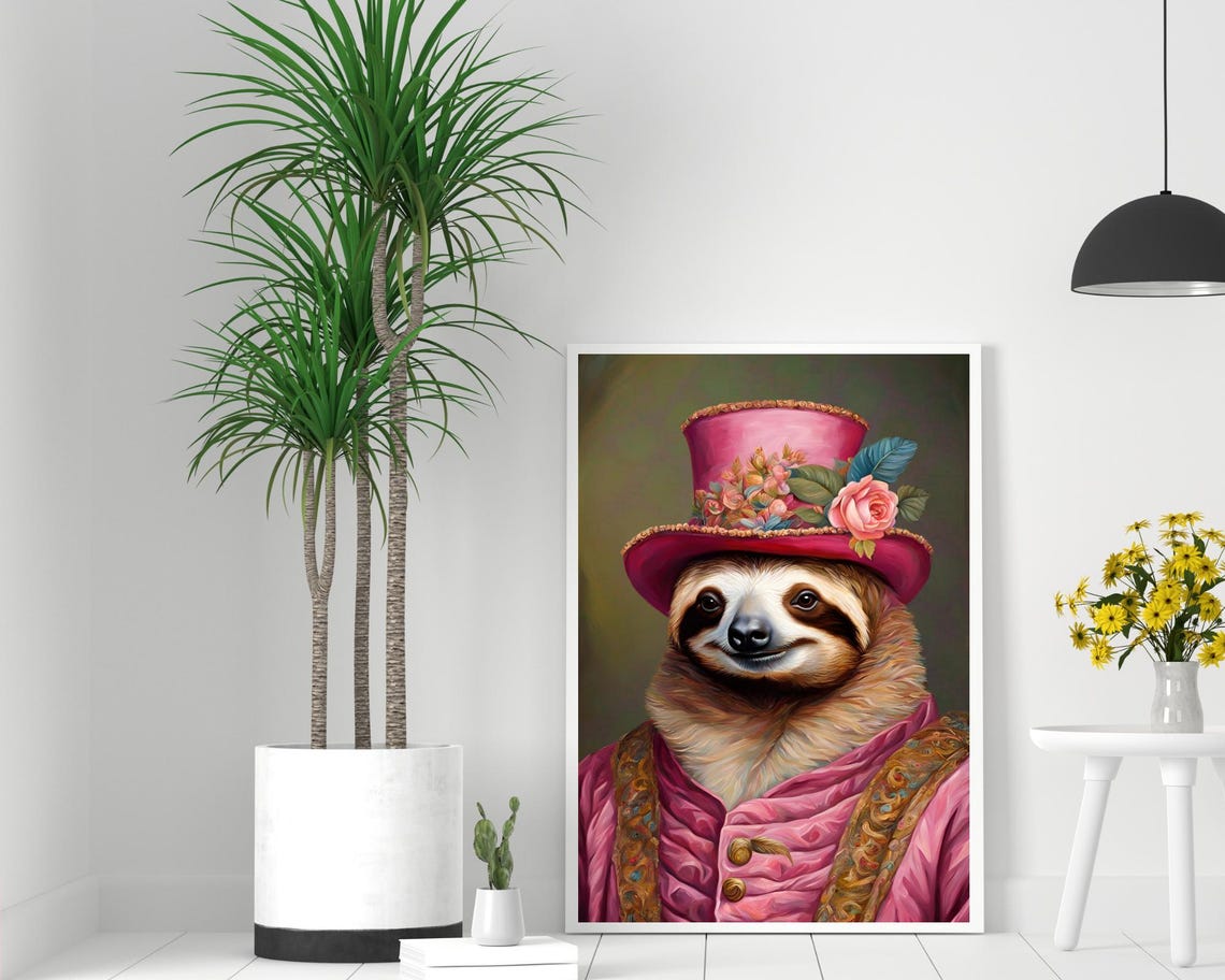 Renaissance Sloth Portrait Pink Top Hat Floral Dapper Wall Poster - Image 2