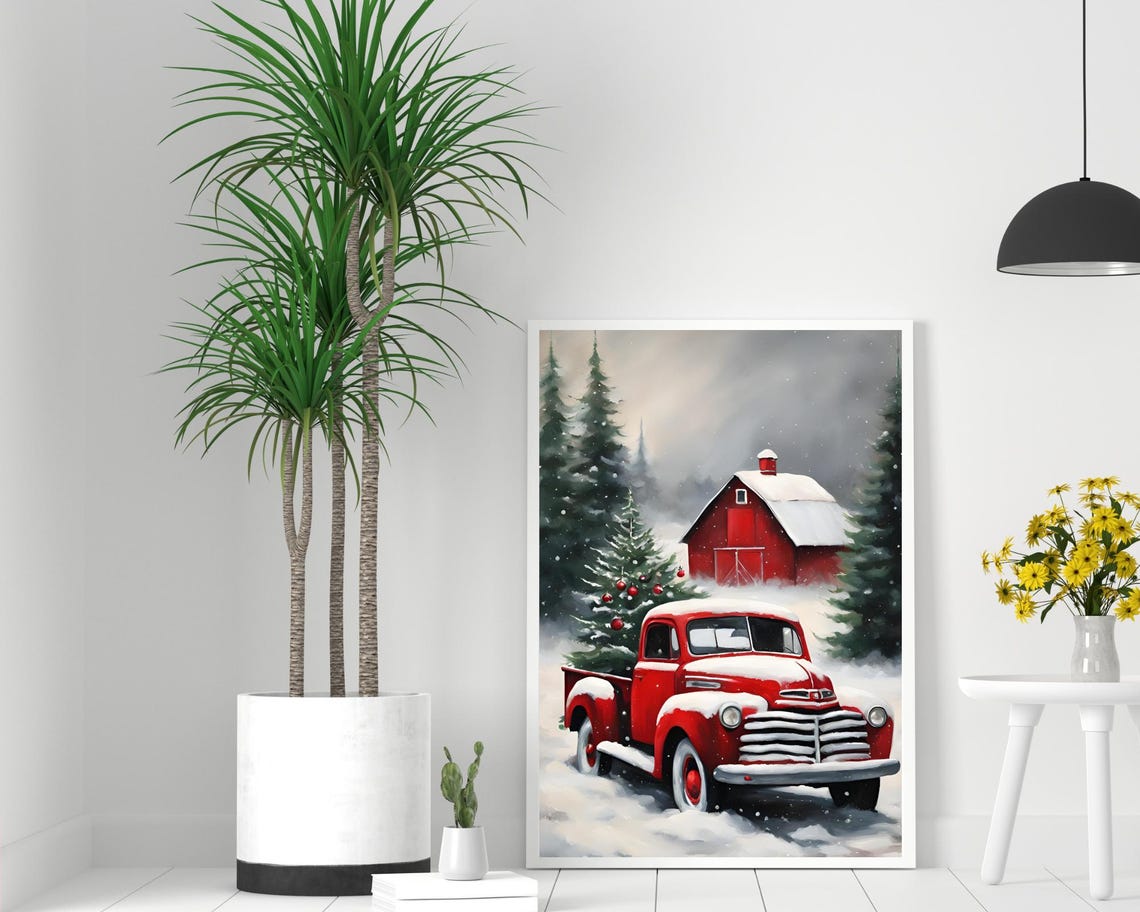 Christmas Art Print Red Truck Christmas Wall Art Vintage Christmas Truck Winter Wall Art Holiday Decor Merry Christmas Art - Image 2