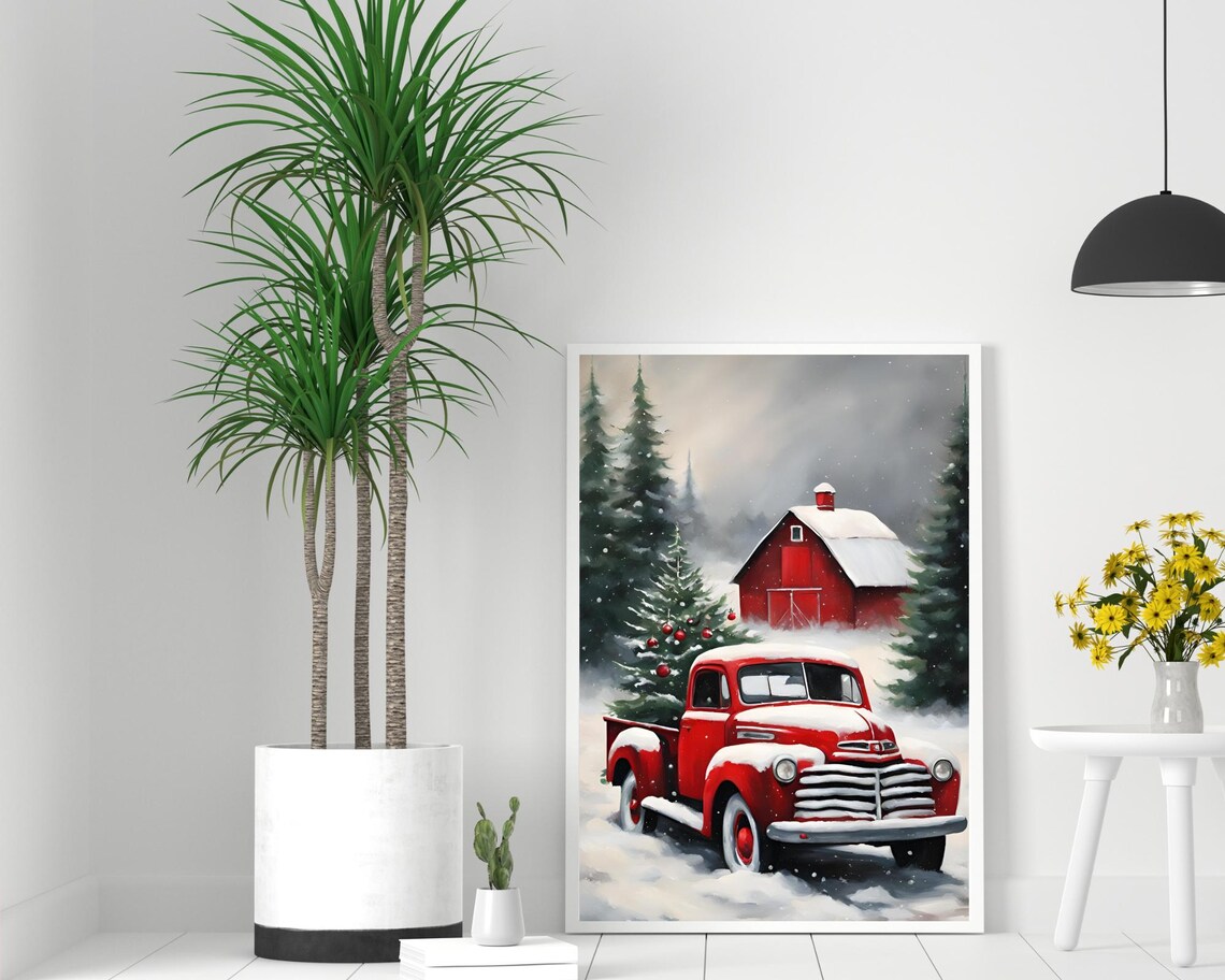 Vintage Red Truck Christmas Tree Snowy Red Barn Holiday Poster - Image 2