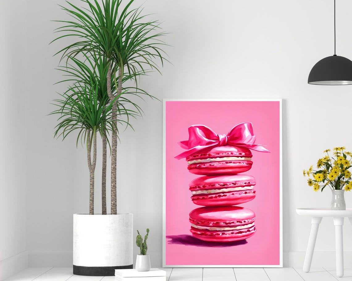 Three Pink Macarons with Ribbon Bow Kitchen Decor Art Poster - Image 2