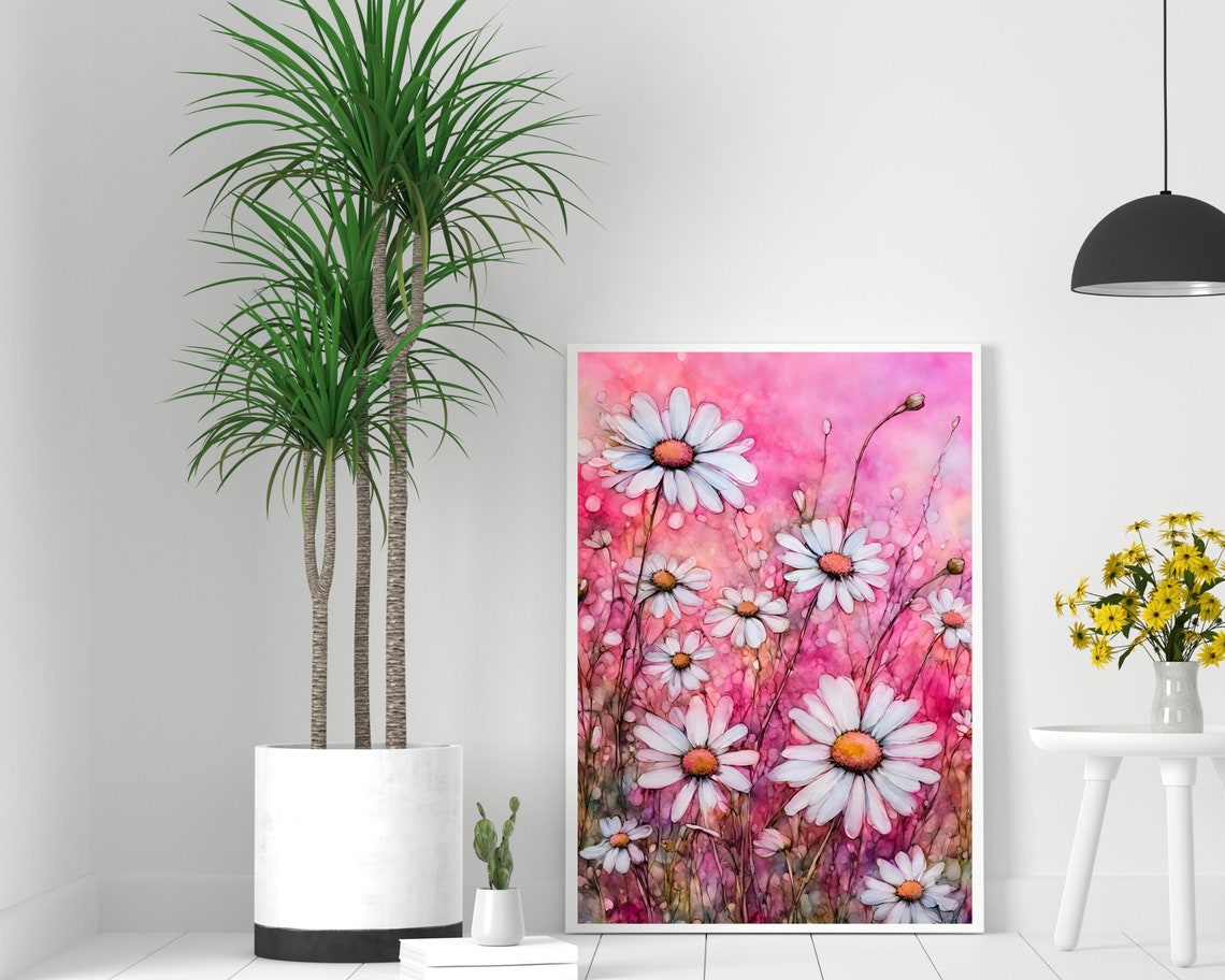 White Daisy Pink Meadow Art Watercolor Wildflower Field Print - Image 2