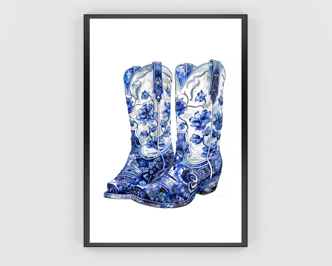 Pair Of Blue White Chinoiserie Floral Cowboy Boots Art Poster - Image 3