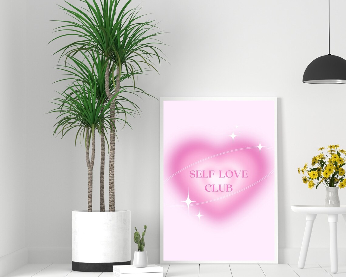 Self Love Club Pink Heart Sparkle Y2K Affirmation Quote Art Poster - Image 2